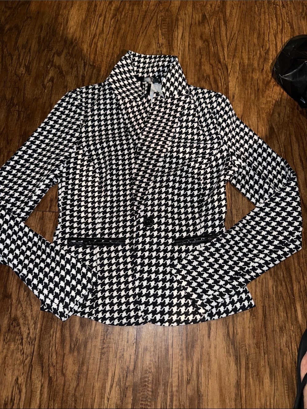 Women's Black & White Houndstooth Blazer Jacket - Unbranded